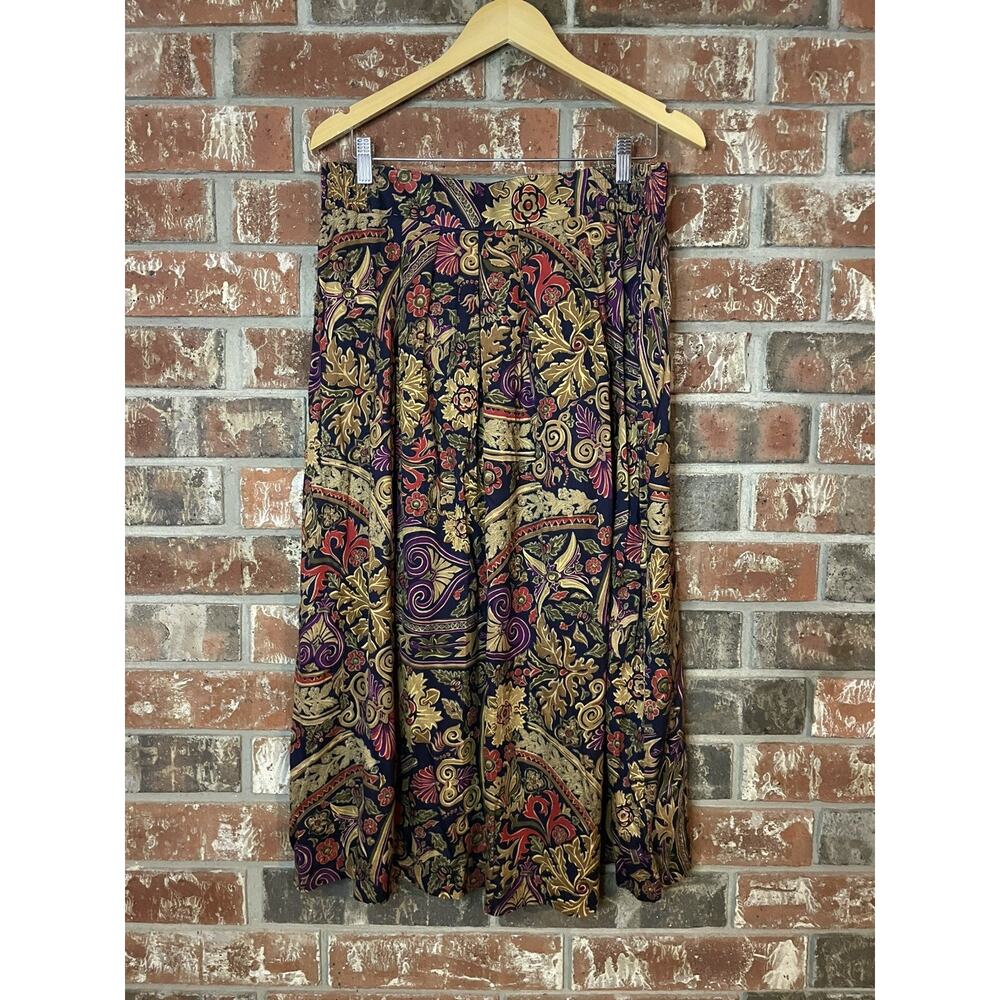 Vintage Floral A-line Pleated Front Maxi Skirt 12 Navy Red Earth-tones Boho USA